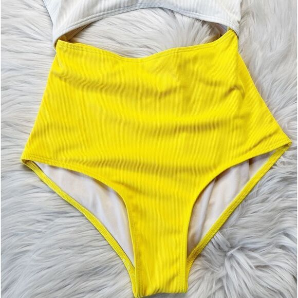 SHEIN Ribbed Cut Out One Piece Bathing Suit White & Yellow Small - Picture 4 of 5